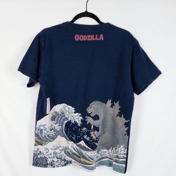 Godzilla Wave T-Shirt Toho Mens L Blue Short Sleeve Heavy Cotton Ukiyo-e - Picture 1 of 10